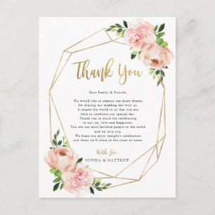 Postal Blush Floral Casamento Geométrico Obrigado Cartão 
