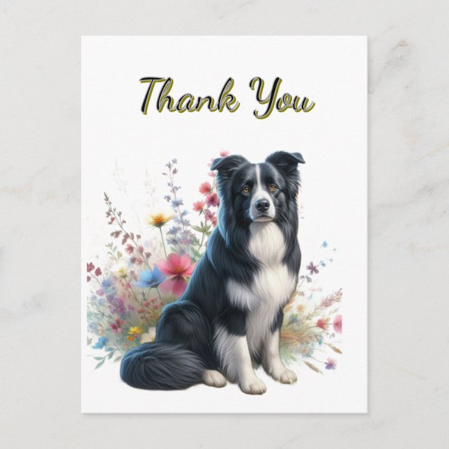 Postal Border Collie e Flores de Campo Cartão de Agradeci (Frente)