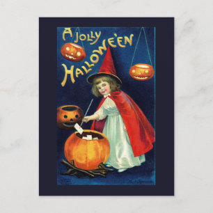 Postal Bruxa Menina Vintage Abóbora Cartão de Halloween