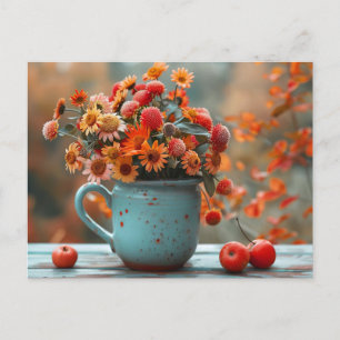 Postal cai saudando flores de cartão num vaso