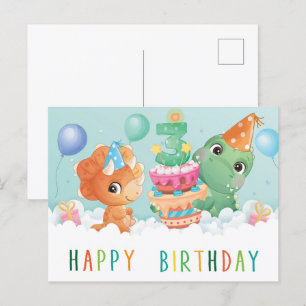 Postal Cartão aniversário de 3 anos de dinossauro bonito