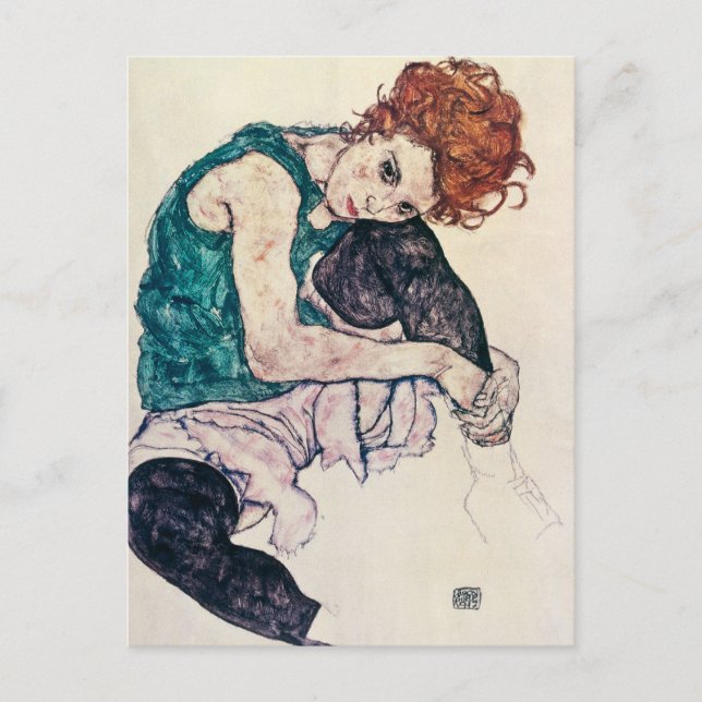 Postal Cartão assentado Schiele da mulher de Egon (Frente)