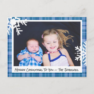 Postal Cartão com fotos da Família Xadrez Azul Feliz Na