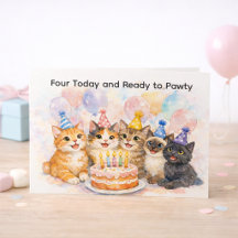 Cartão de 4º Aniversário para Meninas Festa de Gat