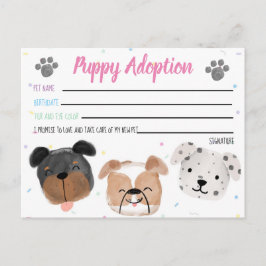 Postal Cartão de Adoção de Cachorrinho de Pelúcia para Fa