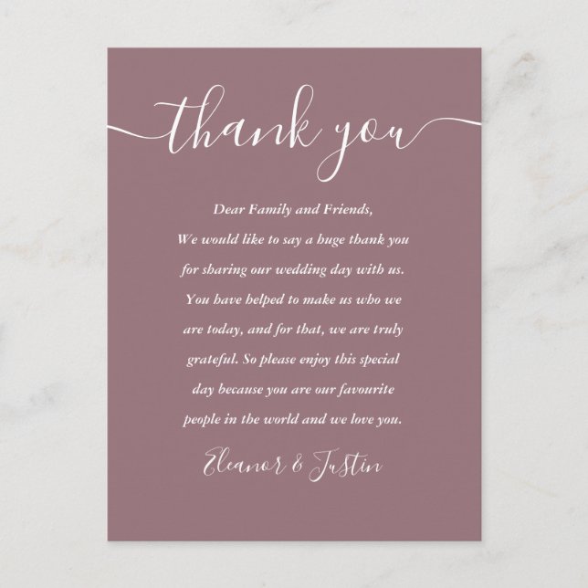 Postal Cartão de Agradecimento Casamento Roxo Script (Frente)