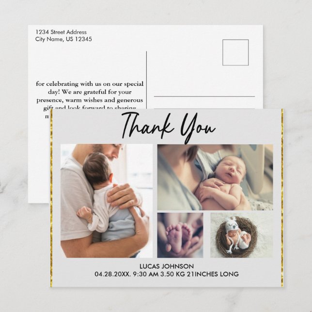 Postal Cartão de agradecimento de bebê com colagem de 4 f (Frente/Verso)