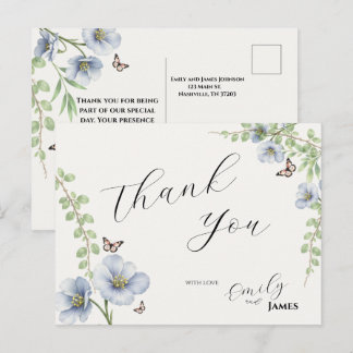 Postal Cartão de Agradecimento de Casamento Floral Azul