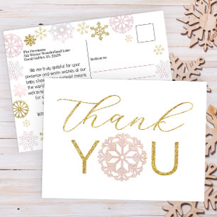 Postal Cartão de agradecimento de Chuvinha de Neve Rosa p