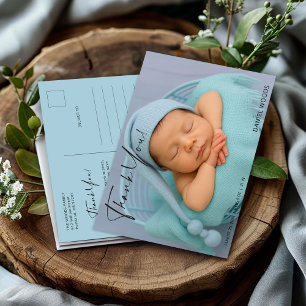 Postal Cartão de Agradecimento de Foto de Bebê Azul Elega