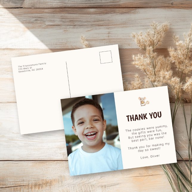 Postal Cartão de Agradecimento de Foto do Mouse Cookie Ki (Sweet Cookie Mouse Theme Kid Birthday Thank You Postcard)