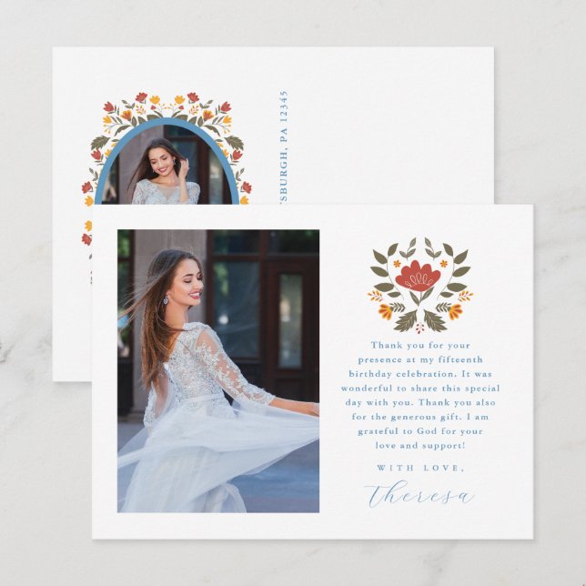 Postal Cartão de agradecimento de Quinceanera Foto Azul F (Frente/Verso)
