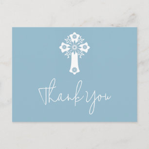 Postal Cartão de agradecimento floral azul céu para batiz