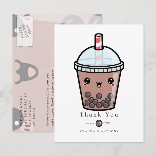 Postal Cartão de Agradecimento Floral em Aquarela Chocola (Frente/Verso)