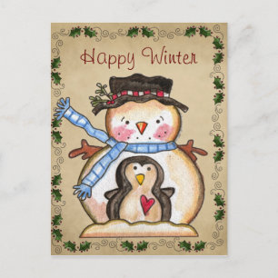 Postal Cartão de amizade de boneco de neve e pinguim no c