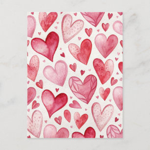 Postal Cartão de amor com corações rosa em aquarela vinta