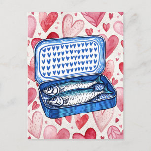Postal Cartão de Amor com Sardinhas Vintage e Corações em