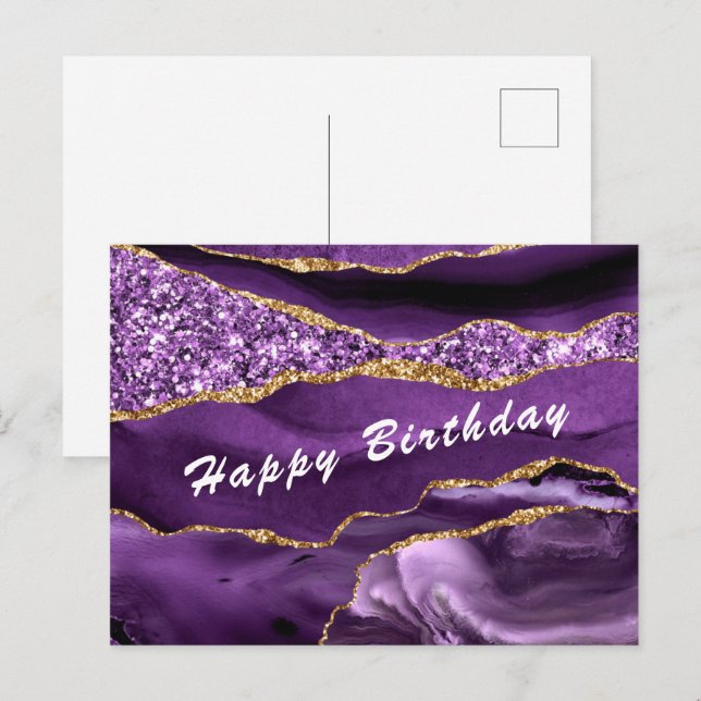 Postal Cartão de Aniversário Agate Violeta Roxa Glitor Do (Frente/Verso)