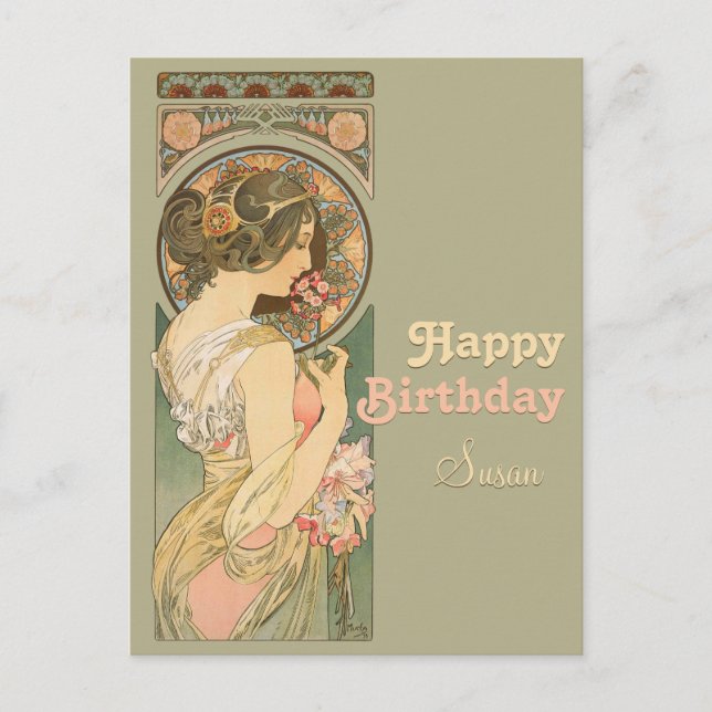 Postal Cartão de aniversário Alphonse Mucha Primrose CC06 (Frente)