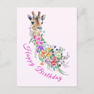 Postal Cartão de Aniversário Arte Colorida Floral Girafa