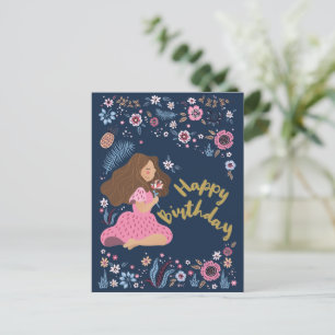 Postal Cartão de Aniversário Azul Feliz com Senhora Flora