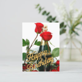 Postal Cartão de Aniversário Champanhe & Rosas Vermelhas