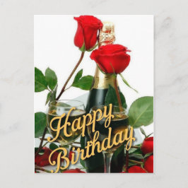 Postal Cartão de Aniversário Champanhe & Rosas Vermelhas