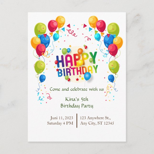 Postal Cartão de Aniversário com Balões (Frente)