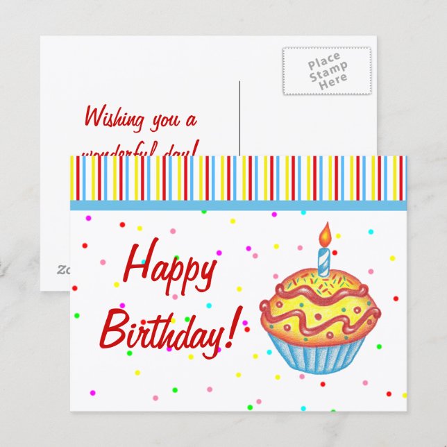 Postal Cartão de Aniversário com Bolo (Frente/Verso)