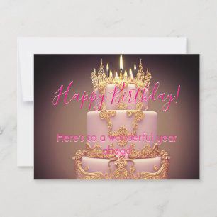 Postal Cartão de Aniversário com Bolo Cor-de-Rosa Fofo