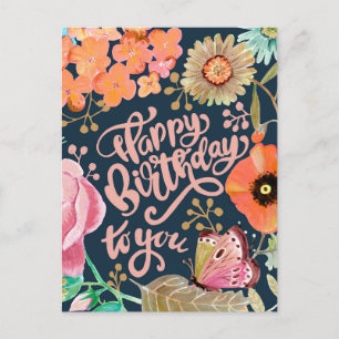 Postal Cartão de aniversário com flores silvestres e letr