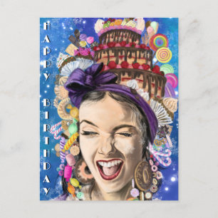 Postal Cartão de Aniversário com Mulher Feliz - Engraçado