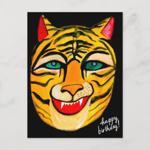 Postal Cartão de aniversário com pintura de tigre rindo e
