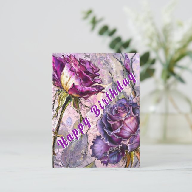 Postal Cartão de Aniversário com Rosas Roxas (Em pé/Frente)