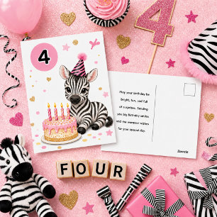 Postal Cartão de aniversário de 4 anos para meninas Zebra