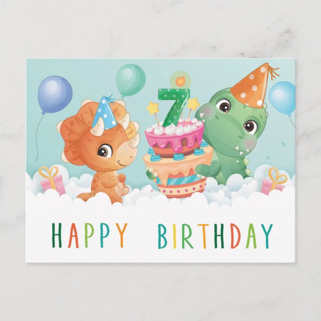 Postal Cartão de aniversário de 7 de dinossauro bonito (Frente)