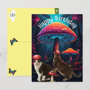 Postal Cartão de Aniversário de Cogumelos e Gatos