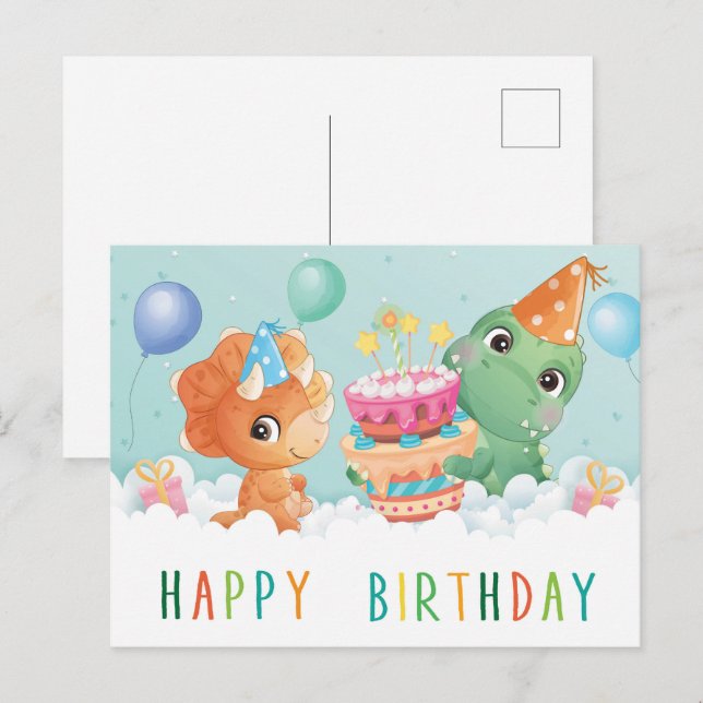 Postal cartão de aniversário de dinossauro fofo (Frente/Verso)