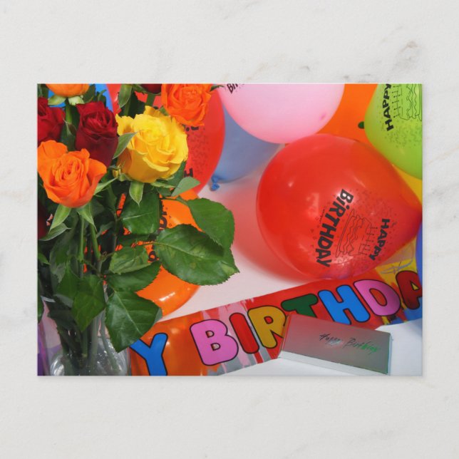 Postal Cartão de Aniversário de Flores e Balões (Frente)