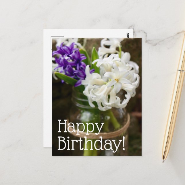 Postal Cartão de aniversário de jacinto roxo e branco (Frente/Verso In Situ)