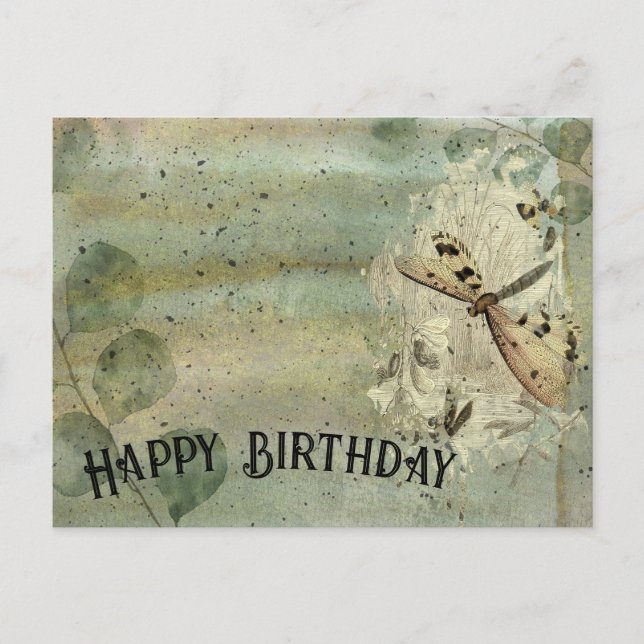 Postal Cartão de Aniversário de Libélula Vintage (Frente)