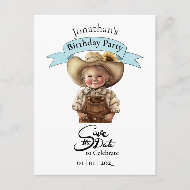Postal Cartão de aniversário de menino Cowboy Save The Da (Frente)