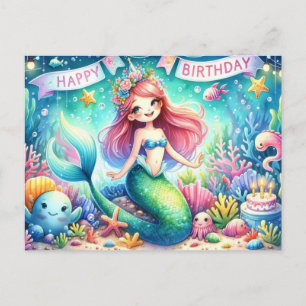 Postal Cartão de Aniversário de Sereia Mágica - Aquarela