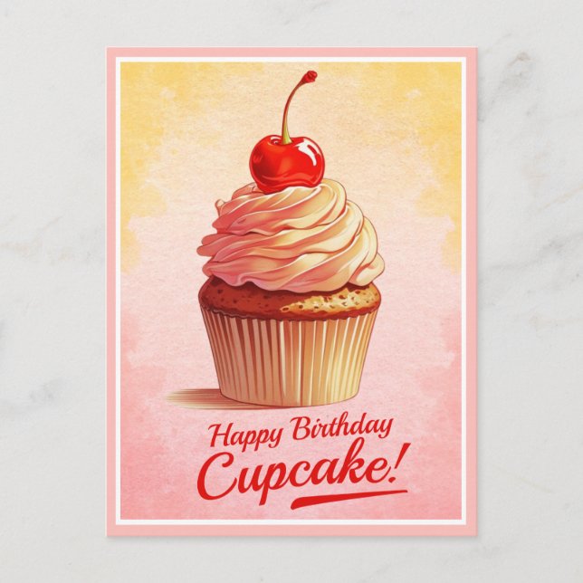 Postal Cartão de Aniversário do Cupcake de Cereja Amarelo (Frente)