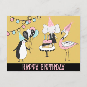 Postal Cartão de Aniversário do Elefante Penguin Flamingo