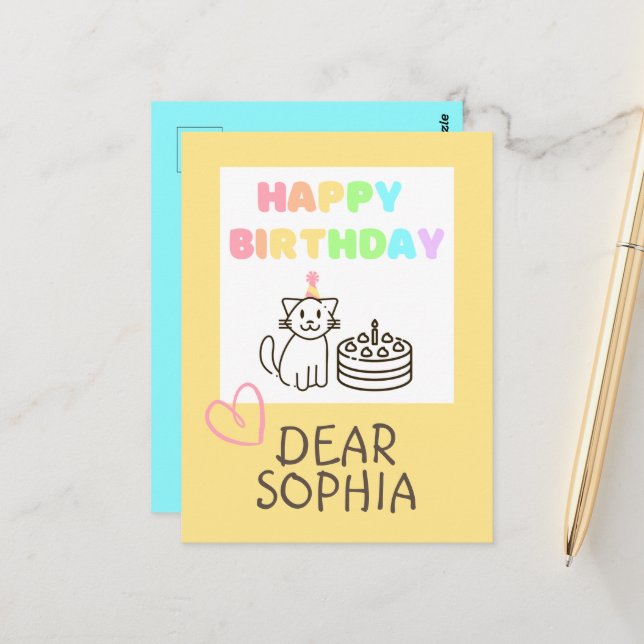 Postal Cartão de Aniversário do Gato Arco-íris Feliz (Frente/Verso In Situ)