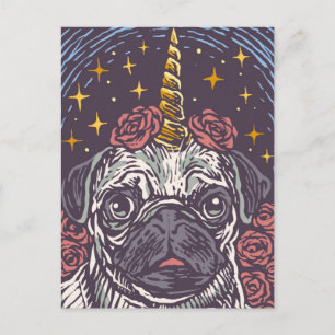 Postal Cartão de Aniversário do Unicórnio Pug