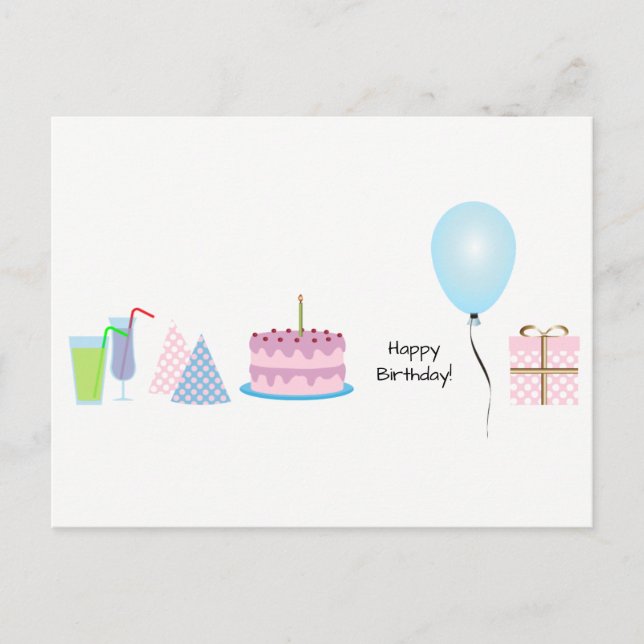 Postal Cartão de Aniversário - em rosa e azul (Frente)