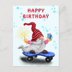 Postal Cartão de Aniversário Feliz com Gnome Patinador Fe