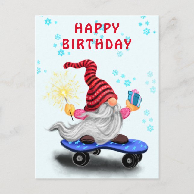 Postal Cartão de Aniversário Feliz com Gnome Patinador Fe (Frente)